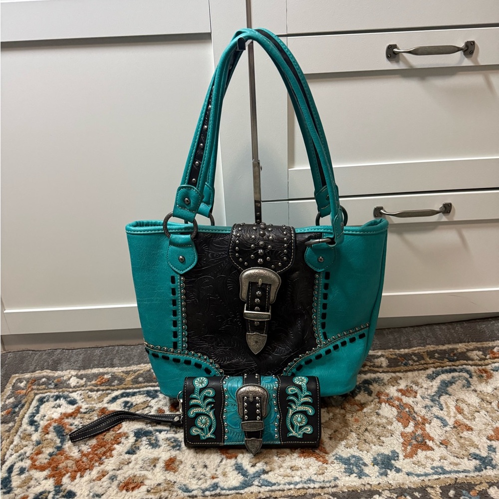 Teal and Black Western-Style Tote with Matching Wallet